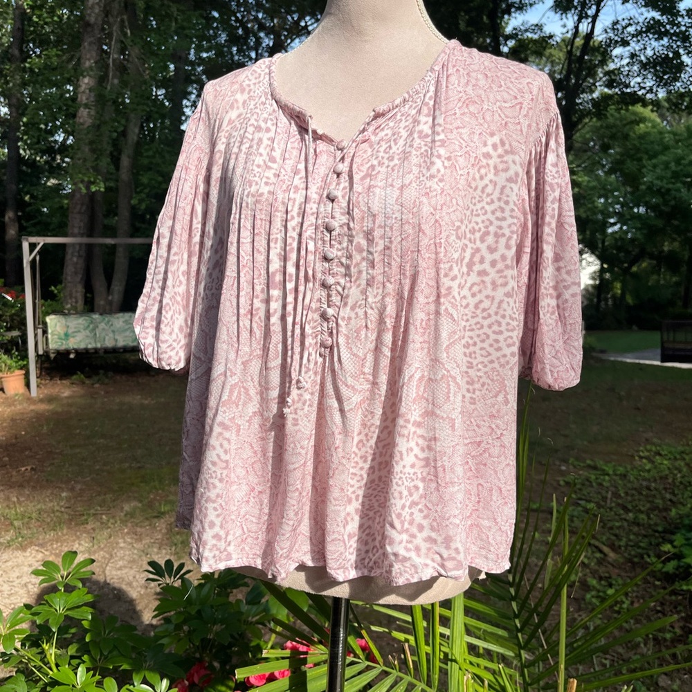 Olivaceous Peasant Summer Top, Pink Print, Small, GUC